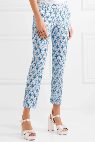 Shop Prada Iris Printed Stretch-poplin Skinny Pants In Blue