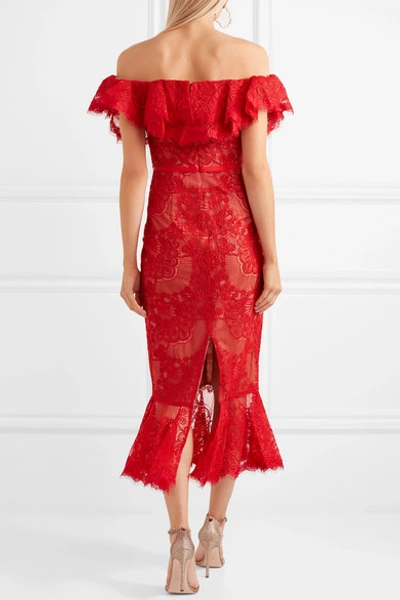 Shop Marchesa Notte Off-the-shoulder Ruffled Corded Lace Midi Dress In Red