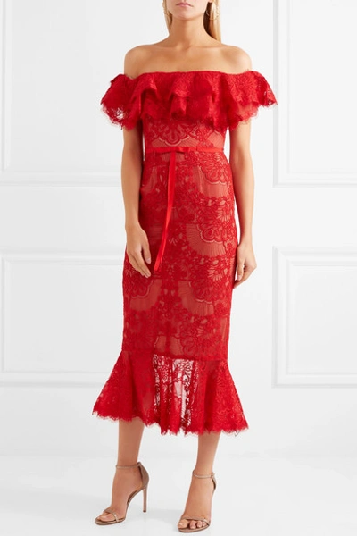 Shop Marchesa Notte Off-the-shoulder Ruffled Corded Lace Midi Dress In Red