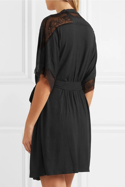 Shop Eberjey Adora Lace-trimmed Stretch-modal Jersey Robe In Black