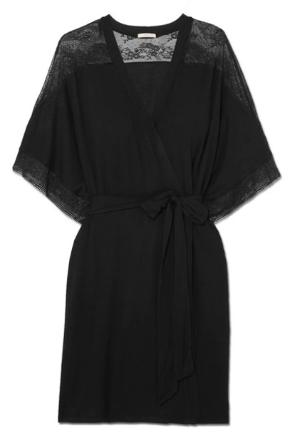 Shop Eberjey Adora Lace-trimmed Stretch-modal Jersey Robe In Black