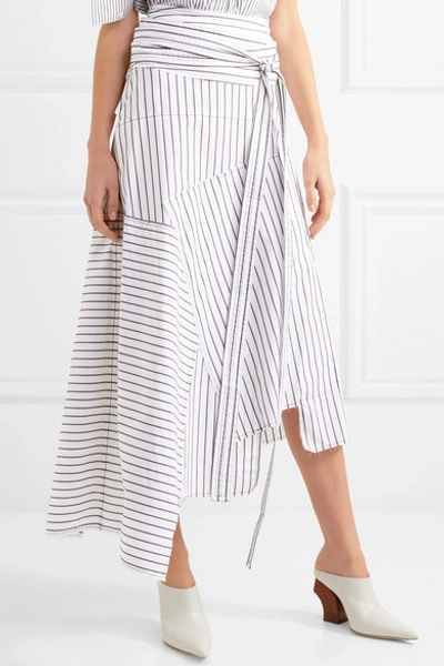 Shop Jw Anderson Asymmetric Striped Cotton Midi Skirt In White
