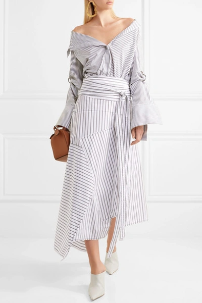 Shop Jw Anderson Asymmetric Striped Cotton Midi Skirt In White