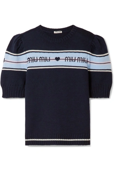 Shop Miu Miu Intarsia Wool Sweater In Midnight Blue