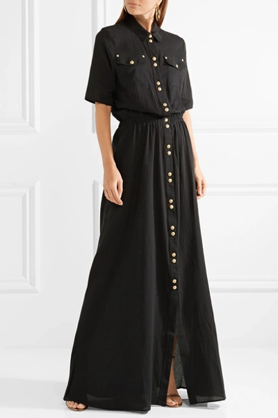 Shop Balmain Crinkled Cotton-gauze Maxi Dress In Black