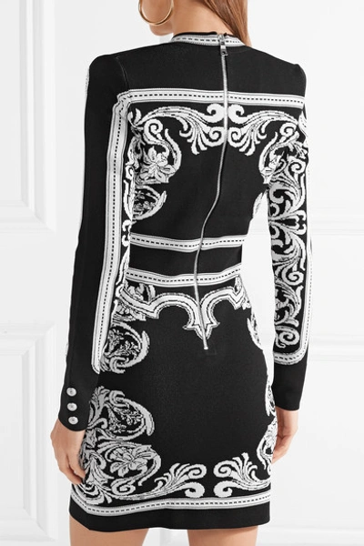 Shop Balmain Jacquard-knit Mini Dress In Black