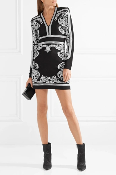 Shop Balmain Jacquard-knit Mini Dress In Black