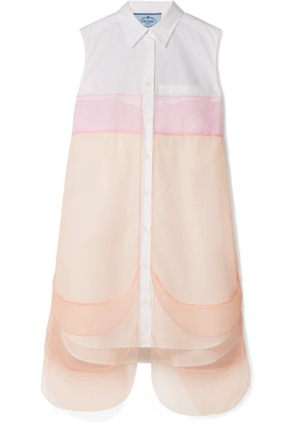 Shop Prada Tulle-paneled Cotton-poplin Mini Dress In White