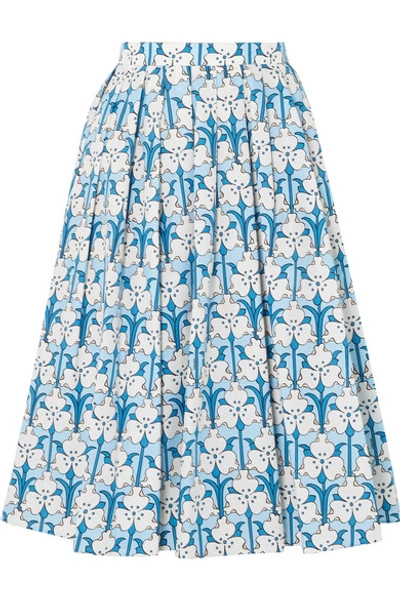 Shop Prada Iris Printed Cotton-poplin Midi Skirt In Blue