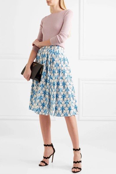 Shop Prada Iris Printed Cotton-poplin Midi Skirt In Blue