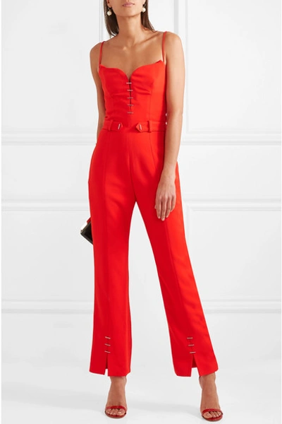 Shop Mugler Embellished Crepe Jumpsuit In Red