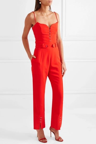 Shop Mugler Embellished Crepe Jumpsuit In Red