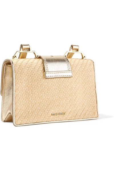 Shop Miu Miu Miu Lady Embellished Raffia And Textured-leather Shoulder Bag In Gold