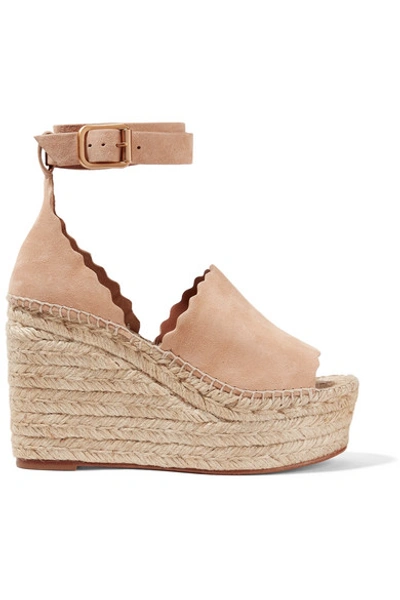 Shop Chloé Scalloped Suede Espadrille Wedge Sandals In Beige