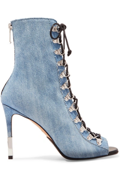 Shop Balmain Club Lace-up Denim Ankle Boots In Mid Denim