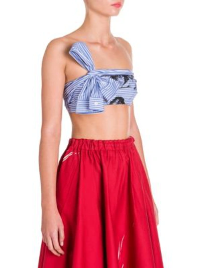 Shop Prada Tie Back Cotton Bra Top In Blue-white Stripe