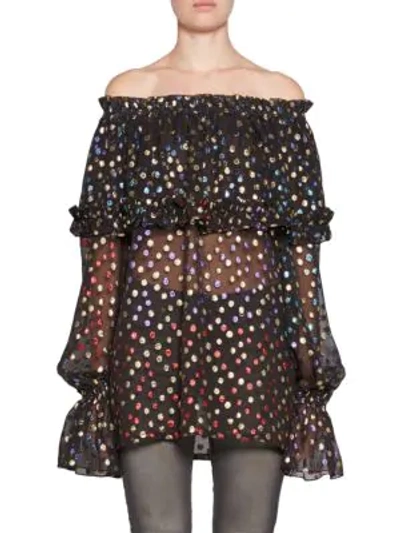 Shop Saint Laurent Off-the-shoulder Ruffle Polka-dot Top In Black-multi