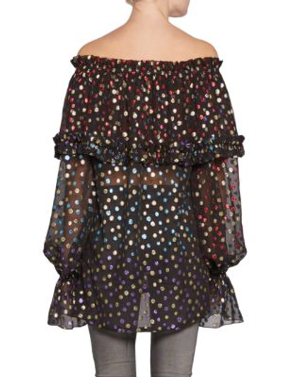 Shop Saint Laurent Off-the-shoulder Ruffle Polka-dot Top In Black-multi