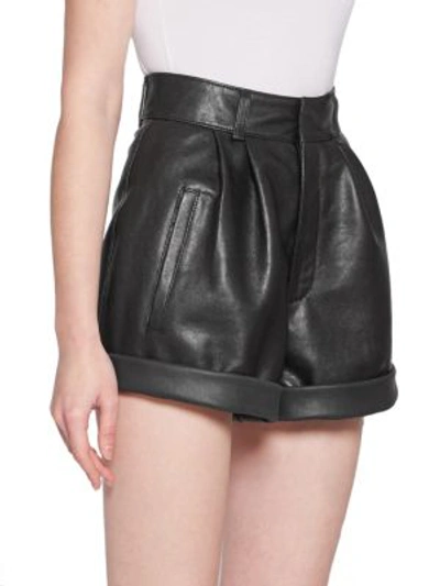 Shop Saint Laurent High Waisted Leather Shorts In Black