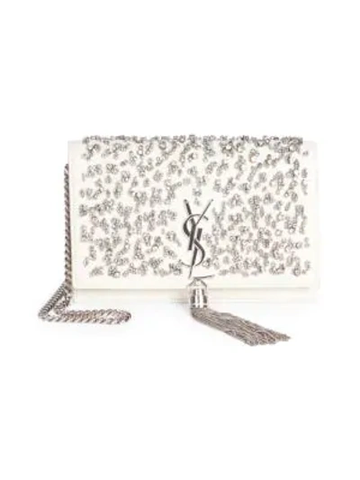 Shop Saint Laurent Kate Crystal Beaded Leather Crossbody Clutch In White