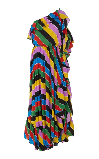 Shop Philosophy Di Lorenzo Serafini Asymmetric Ruffled Printed Silk Midi Dress In Stripe