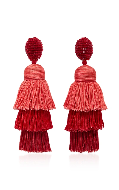 Shop Oscar De La Renta Long Silk Tiered Tassel C Earring In Red
