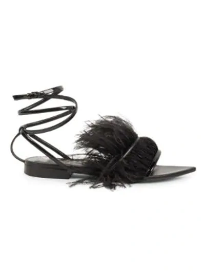 Shop Saint Laurent Era Feather Ankle Strap Flats In Black
