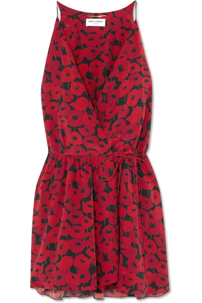 Shop Saint Laurent Floral-print Silk Wrap Mini Dress In Red