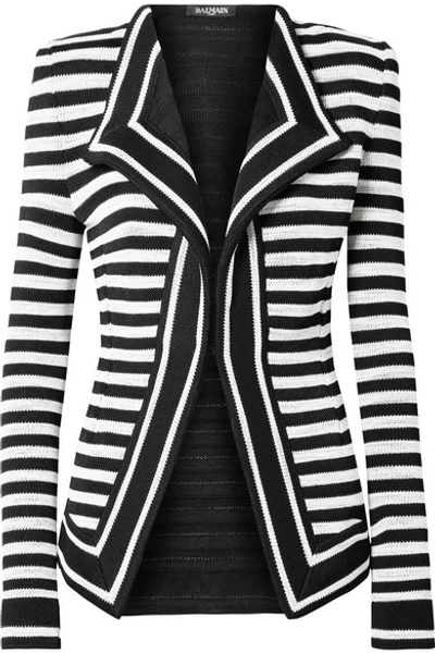 Shop Balmain Striped Stretch-knit Blazer In Black