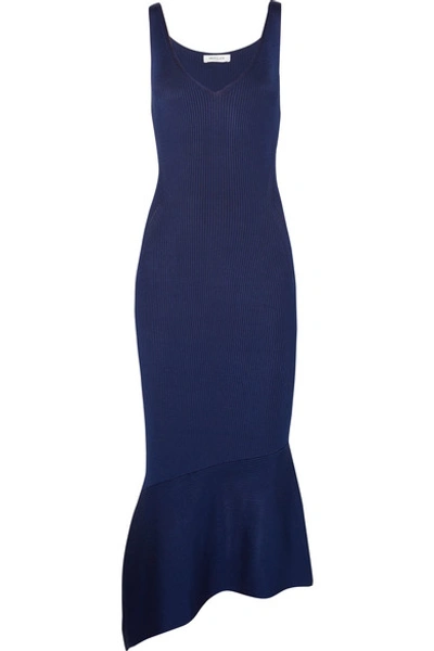 Shop Mugler Asymmetric Stretch-knit Midi Dress In Storm Blue