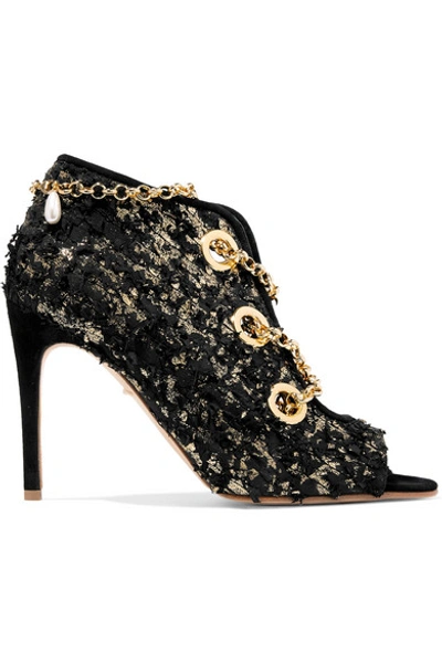 Shop Rupert Sanderson Nightingale Chain-embellished Frayed Metallic Suede Ankle Boots In Black