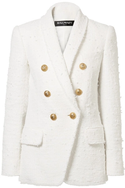 Shop Balmain Double-breasted Bouclé-tweed Blazer In White