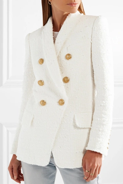 Shop Balmain Double-breasted Bouclé-tweed Blazer In White