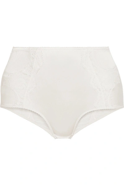 Shop Dolce & Gabbana Lace-trimmed Stretch-silk Satin Briefs In White