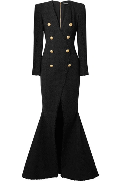 Shop Balmain Button-embellished Tweed Gown In Black