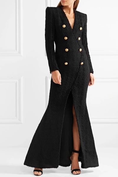 Shop Balmain Button-embellished Tweed Gown In Black