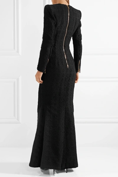 Shop Balmain Button-embellished Tweed Gown In Black