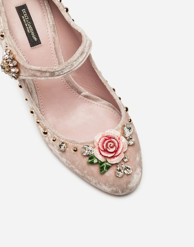Shop Dolce & Gabbana Velvet Mary Jane With Embroidery In Pink