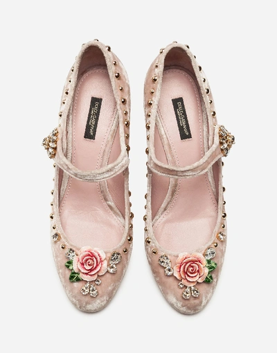 Shop Dolce & Gabbana Velvet Mary Jane With Embroidery In Pink