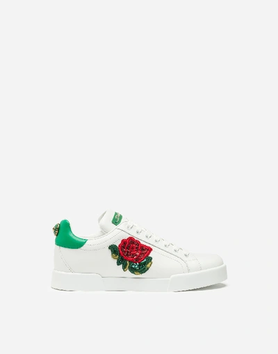 Shop Dolce & Gabbana Portofino Leather Sneakers With Rose Patch In White