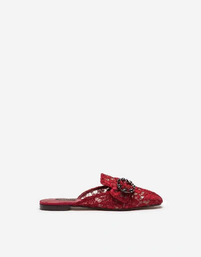 Shop Dolce & Gabbana Lace Slippers With Jewel Buckle In Red