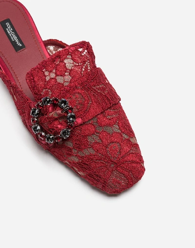 Shop Dolce & Gabbana Lace Slippers With Jewel Buckle In Red