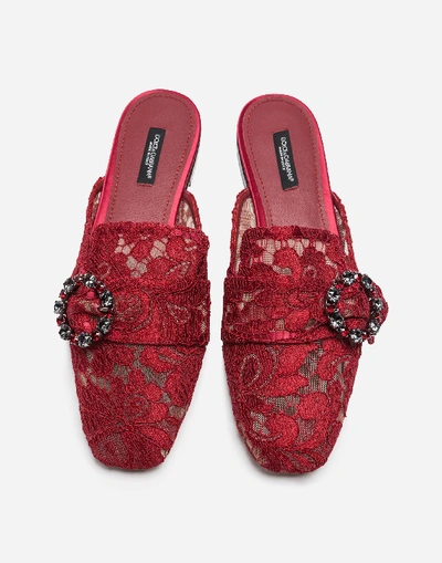 Shop Dolce & Gabbana Lace Slippers With Jewel Buckle In Red