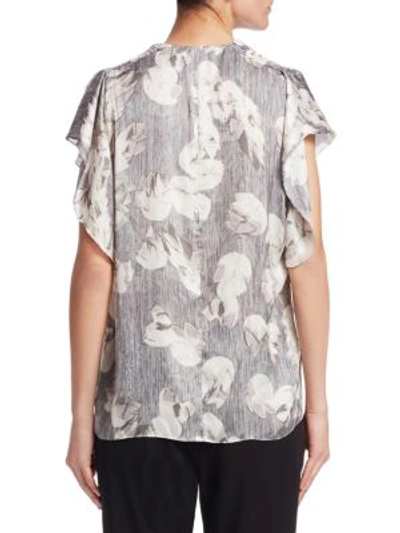Shop Halston Heritage Flounce-sleeve Printed Ruched Blouse In Grey Star Flower Print