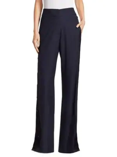 Shop Monse High Waist Snap Button Wool Trousers In Navy