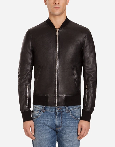 Shop Dolce & Gabbana Bomber Jacket In Lambskin Leather In Black