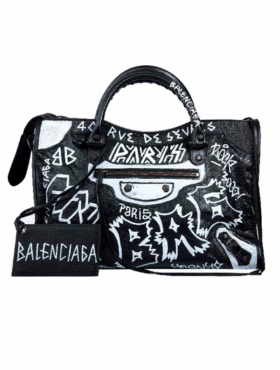 Shop Balenciaga City Classic Graffiti In Noir Blanc