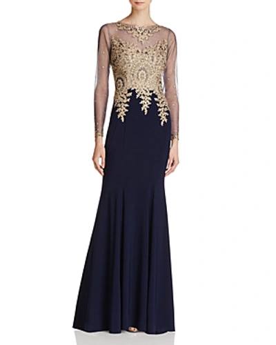 Shop Avery G Embroidered-bodice Gown In Navy/gold
