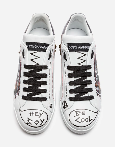 Shop Dolce & Gabbana Portofino Sneakers In Printed Calfskin With Appliques In White
