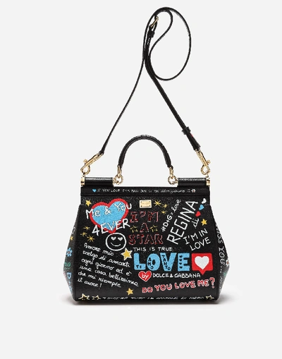 Shop Dolce & Gabbana Medium Sicily Bag In Printed Dauphine Calfskin In Black